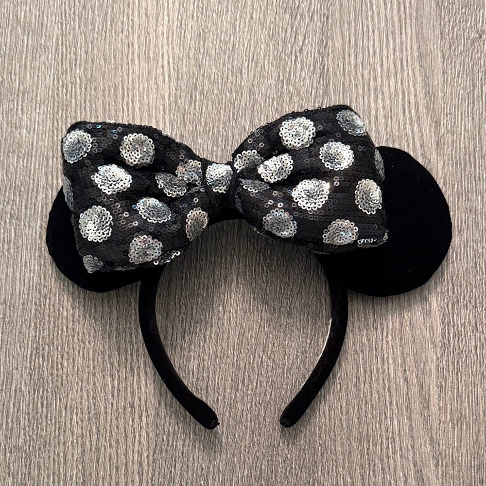 Black Sequin Polka Dot Bow Disney Ears